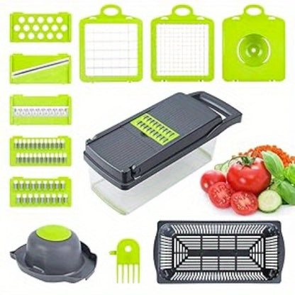 Vegetable Chopper 16-in-1 Manual Food Chopper Set, 8 Interchangeable Blades with Container, Grater & Strainer