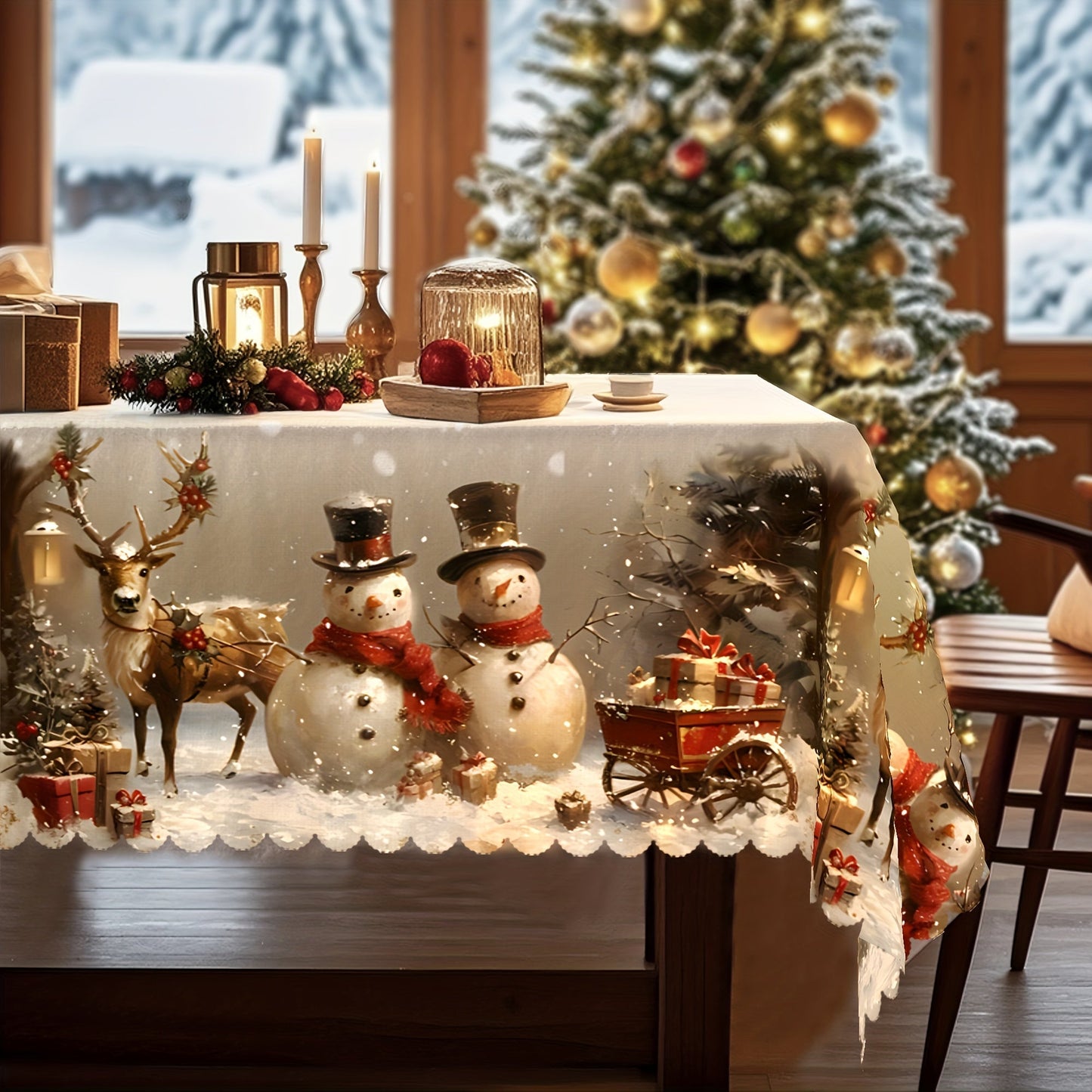Tablecloth with Snowman, Reindeer and Christmas Tree Print in Round, Oval and Rectangle Sizes