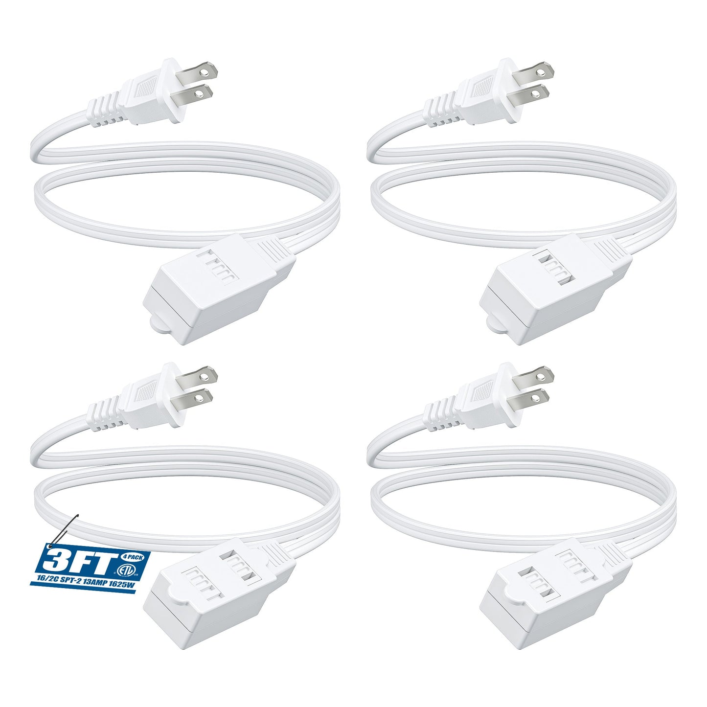 Extension Cord 4 Pack 3FT 3-in-1 Outlet 2 Prong Plugs 16AWG SPT-2 Cable Twist-Lock Safety for Entryways, Bedrooms and Living Spaces
