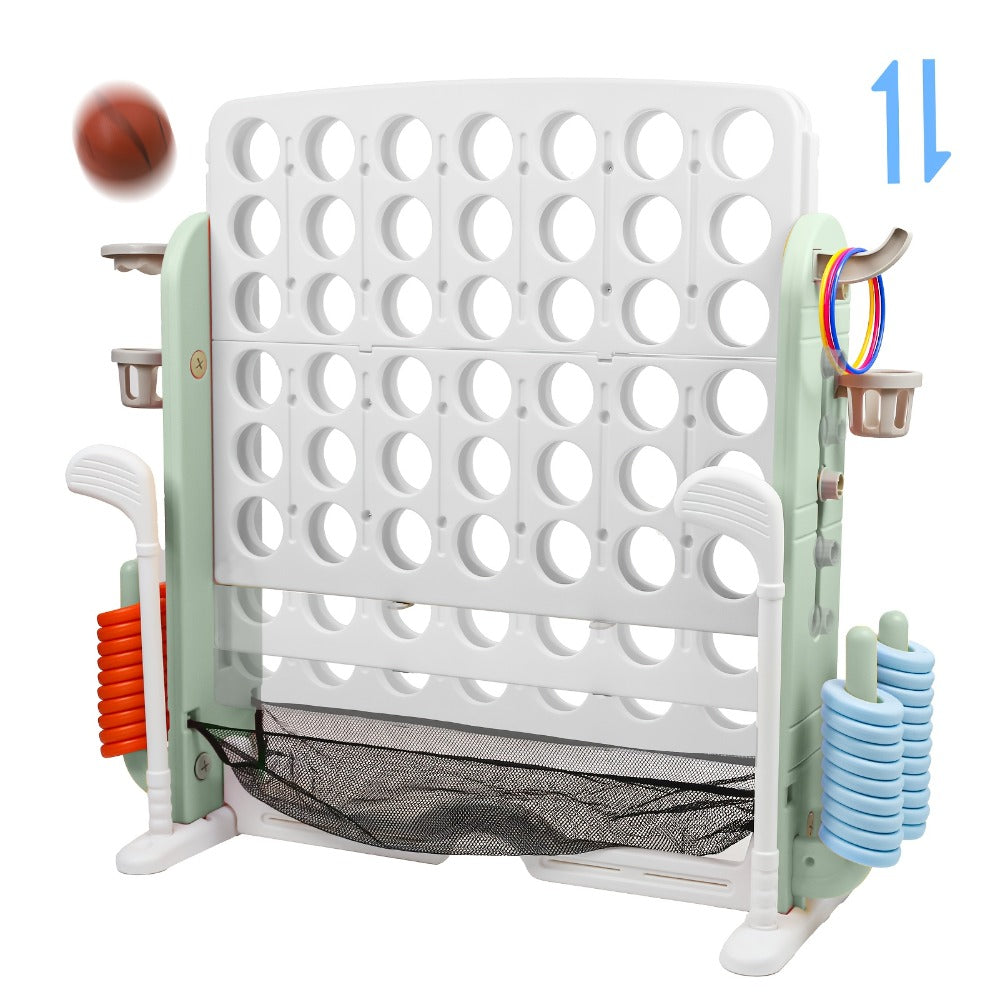 4-in-1 Giant Connect Four Game Set for Kids & Adults, Adjustable Height with Basketball Hoop, Golf Putting