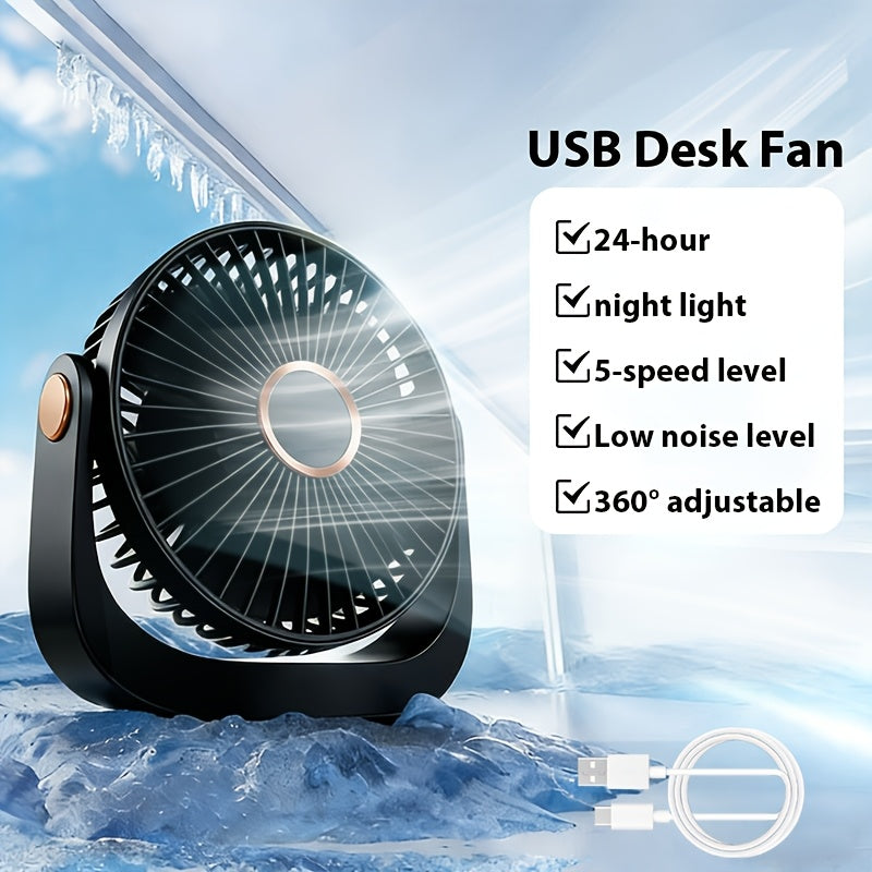 Portable Fan USB-Rechargeable Five-Speed Model with Desk, Wall, Ceiling and Hanging Placement Options
