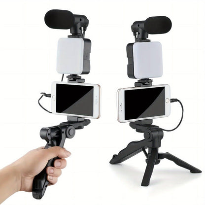 All-in-One Content Creator Kit with LED Ring Light Microphone Folding Tripod & Bluetooth Remote