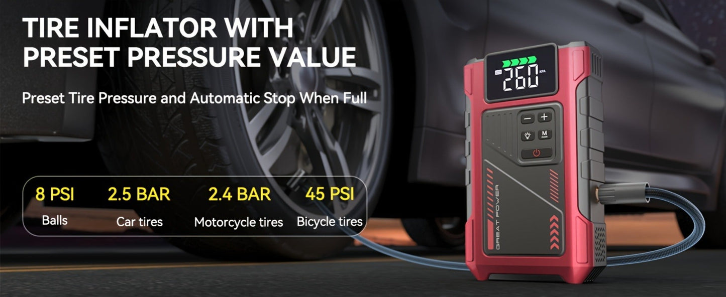 12V Jump Starter with 4000A Marking, 150 PSI-Labeled Air Compressor, Digital Pressure Display and Two Black Color Options