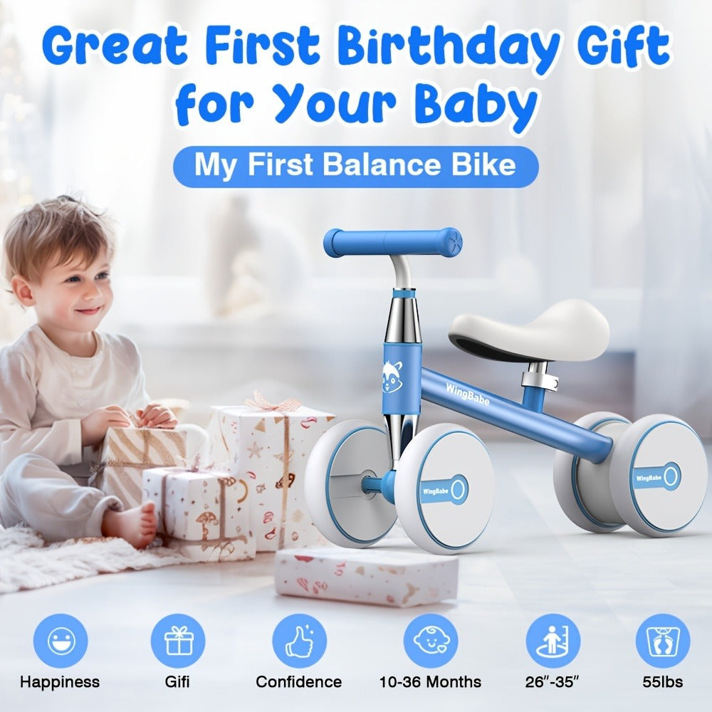 4 Wheel Balance Bike for Baby Toddlers 10-36 Months, First Bike with Adjustable Seat, 90° Steering Limit & Silent Anti-Slip Tires