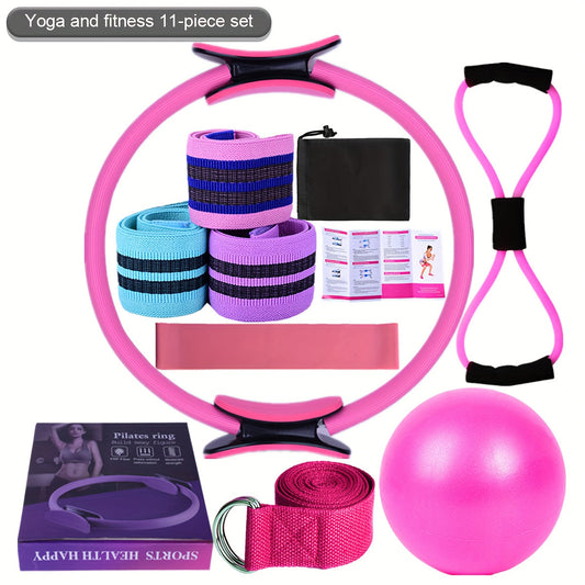 Yoga Fitness Set 11-Piece – Elastic & Resistance Bands, Yoga Ball, Stretching Band & Pilates Abdominal Hip Training Kit for Women Home