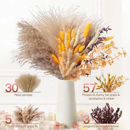 Boho Pampas Grass Dried Flower Arrangement, Lavender Eucalyptus Bouquet with Gemstone Accents for Home Decor