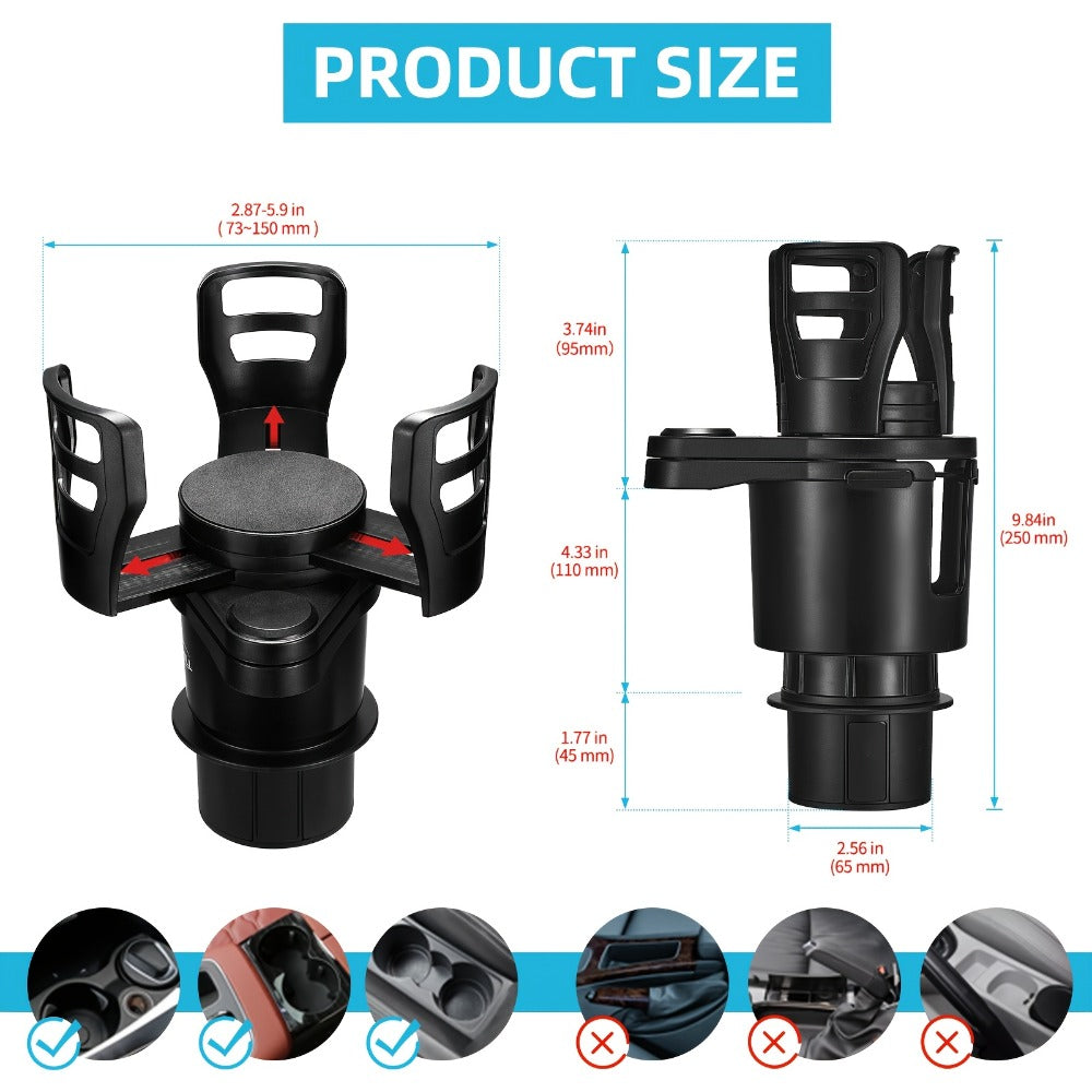 Cup-Holder Phone Mount and Expander with Rotating Cup Ring, Adjustable Side Cradle and Two Layout Options