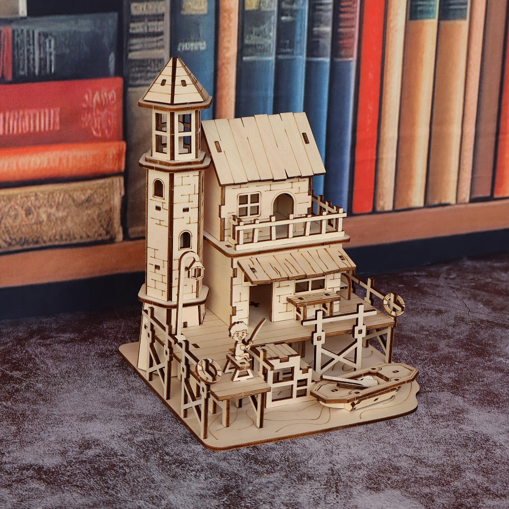 Wooden Building Model Kit with Fisherman's Hut, Treehouse-2 or Cowboy Bar Checkout Designs
