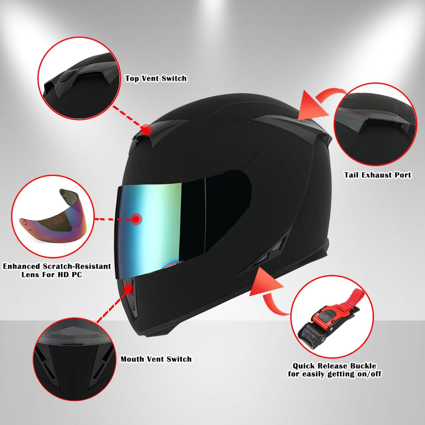 Motorcycle Helmet Full-Face Shell with Tinted and Spare Clear Shields, Quick-Release Buckle, Nine Styles and S-XL Sizes