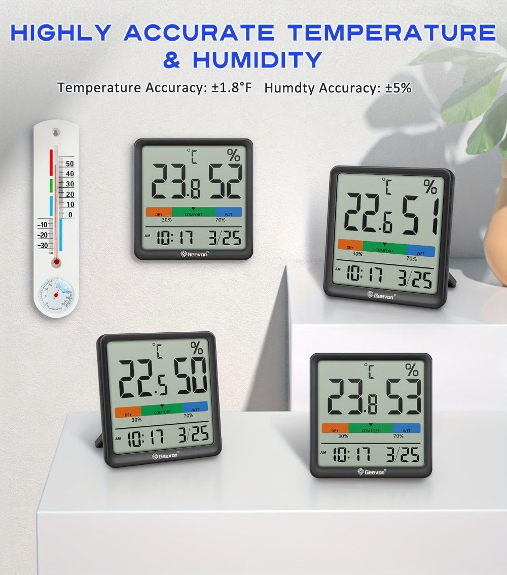 Indoor Thermometer Hygrometer Digital | Accurate Temperature Humidity Monitor with Clock & Calendar | Desktop Room Humidity Gauge for Home