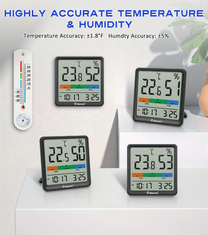 Indoor Thermometer Hygrometer Digital | Accurate Temperature Humidity Monitor with Clock & Calendar | Desktop Room Humidity Gauge for Home