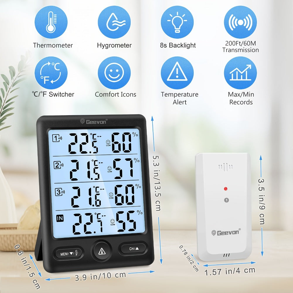 Indoor Outdoor Thermometer Wireless with 3 Remote Sensors - Digital Hygrometer Temperature Humidity Monitor