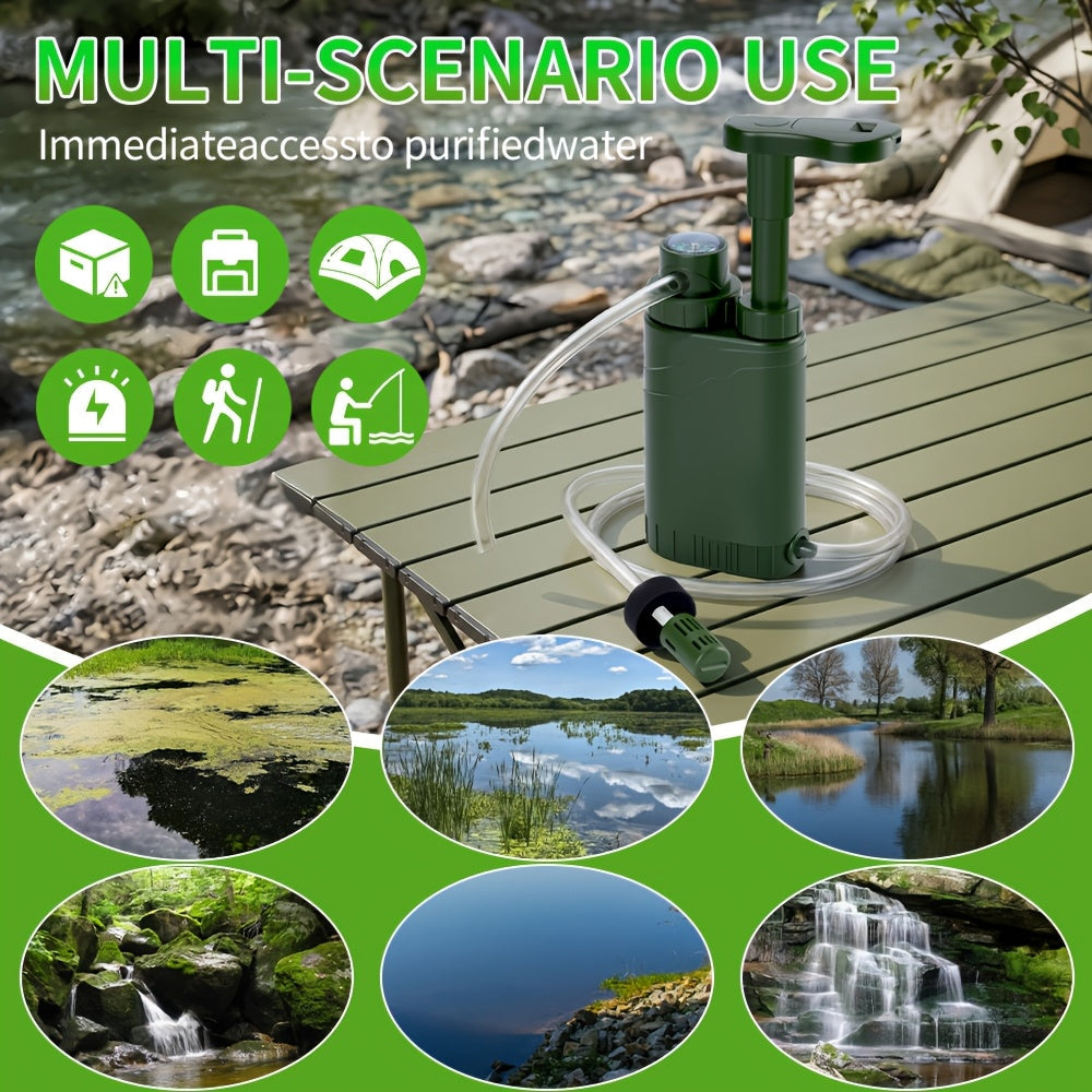 Portable Hand-Pump Water Filter Kit with Green Pump, Clear Hose, Filter Cartridge, Bag and Pictured Accessories