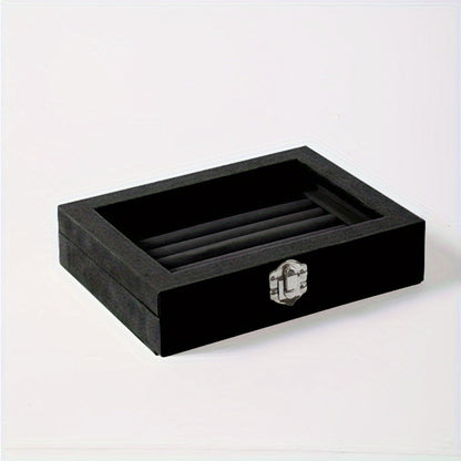 Jewelry Box with Locking Lid – 49-Ring Capacity Glass-Like Plastic Ring & Earring Organizer, Large Rectangular Storage Case