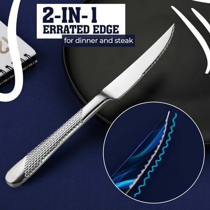 40- or 48-Piece Hammered-Handle Flatware Set in Rose Gold or Silver with Option-Specific Knives