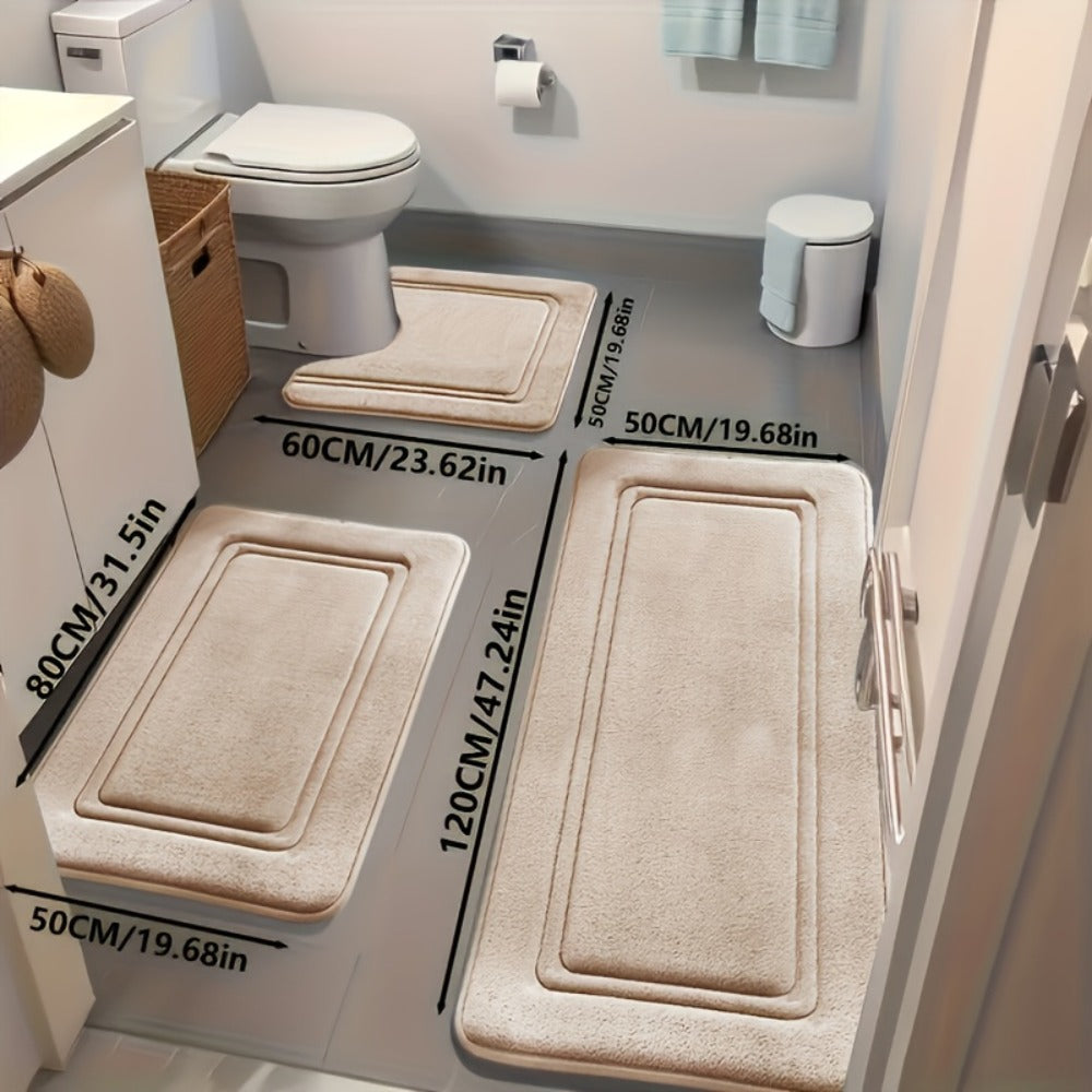 Three-Piece Bathroom Mat Set with 50 × 120, 50 × 80 and 50 × 60 cm Rugs in Five Solid Colors