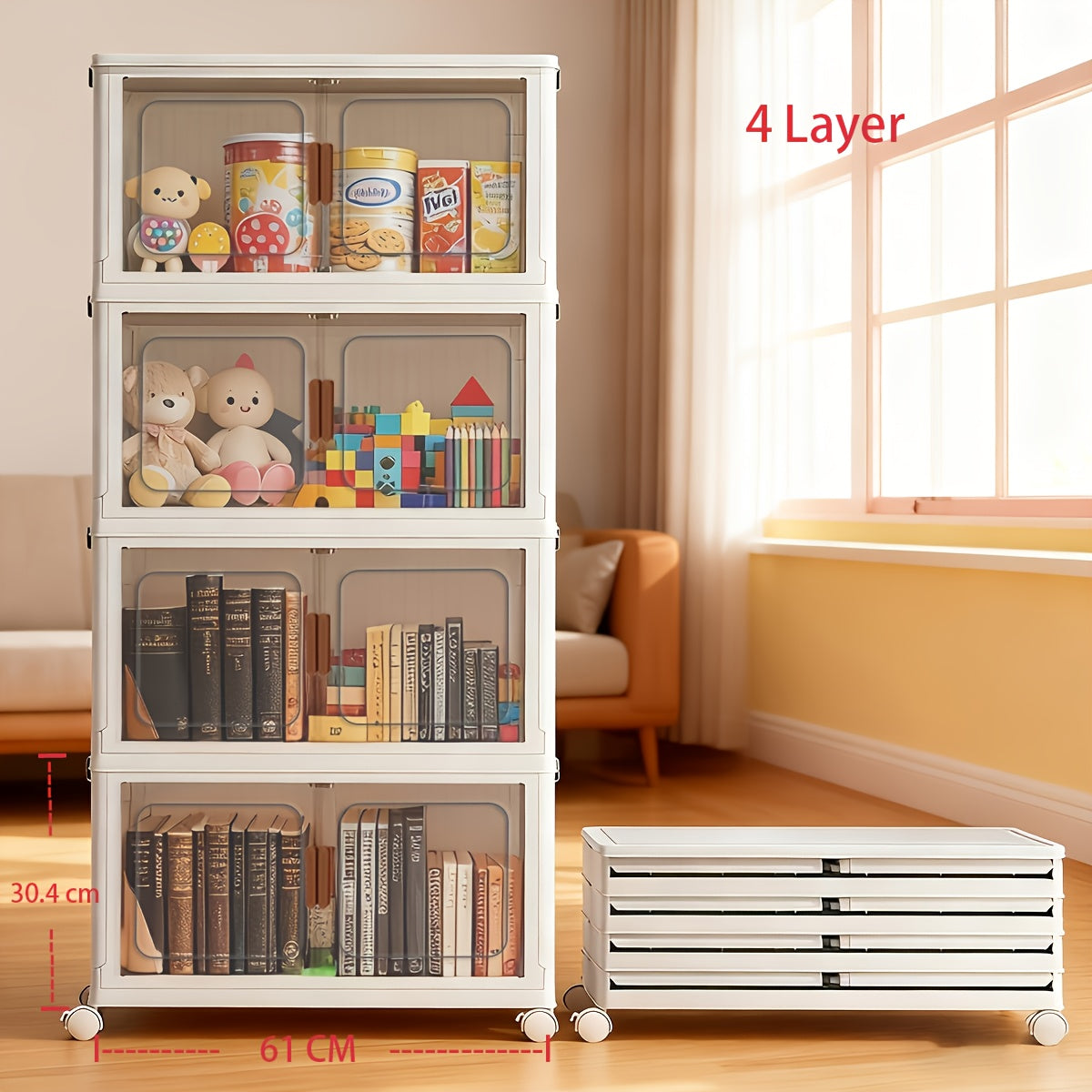 Foldable Storage Cabinet with Door, Multi-Layer Stackable Storage Box for Shoes, Clothes & Books