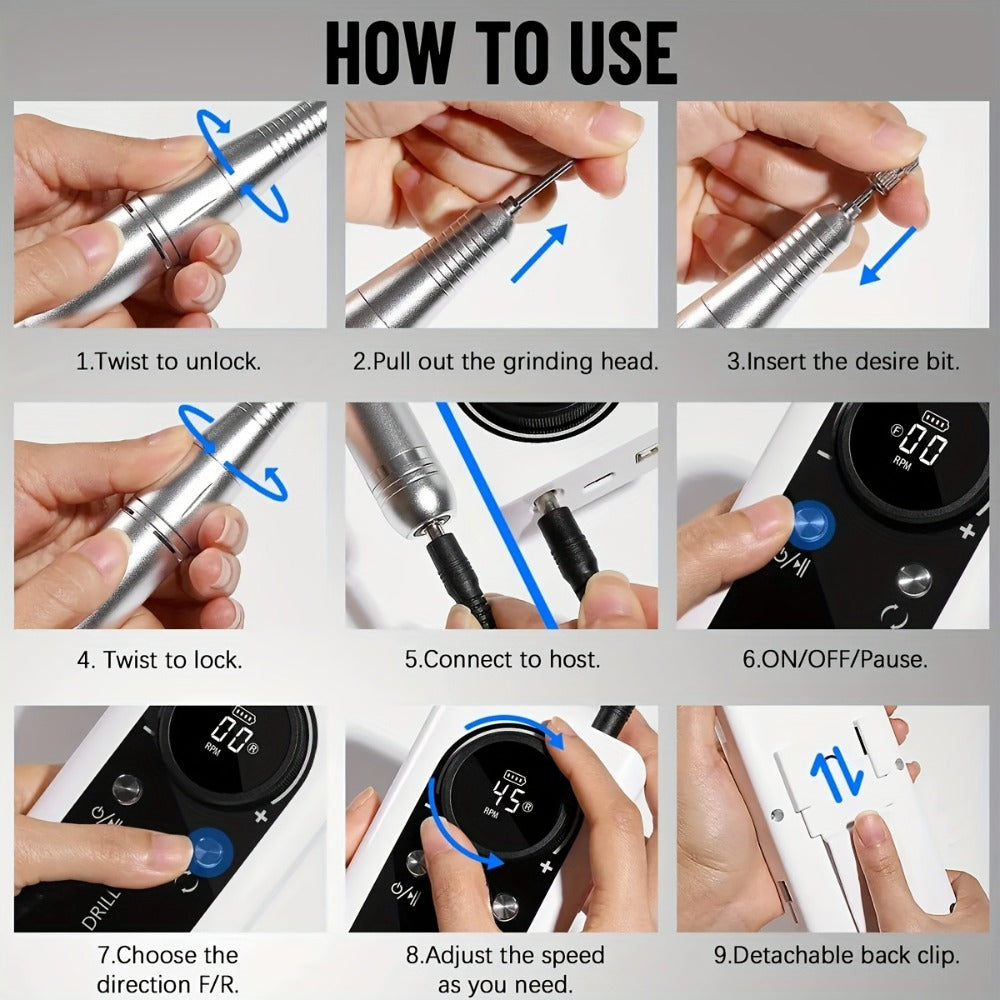 Low Noise Nail Drill Machine 45000RPM Rechargeable with LCD Display – Quiet Electric E-File for Gel Polish Acrylic Natural Nails