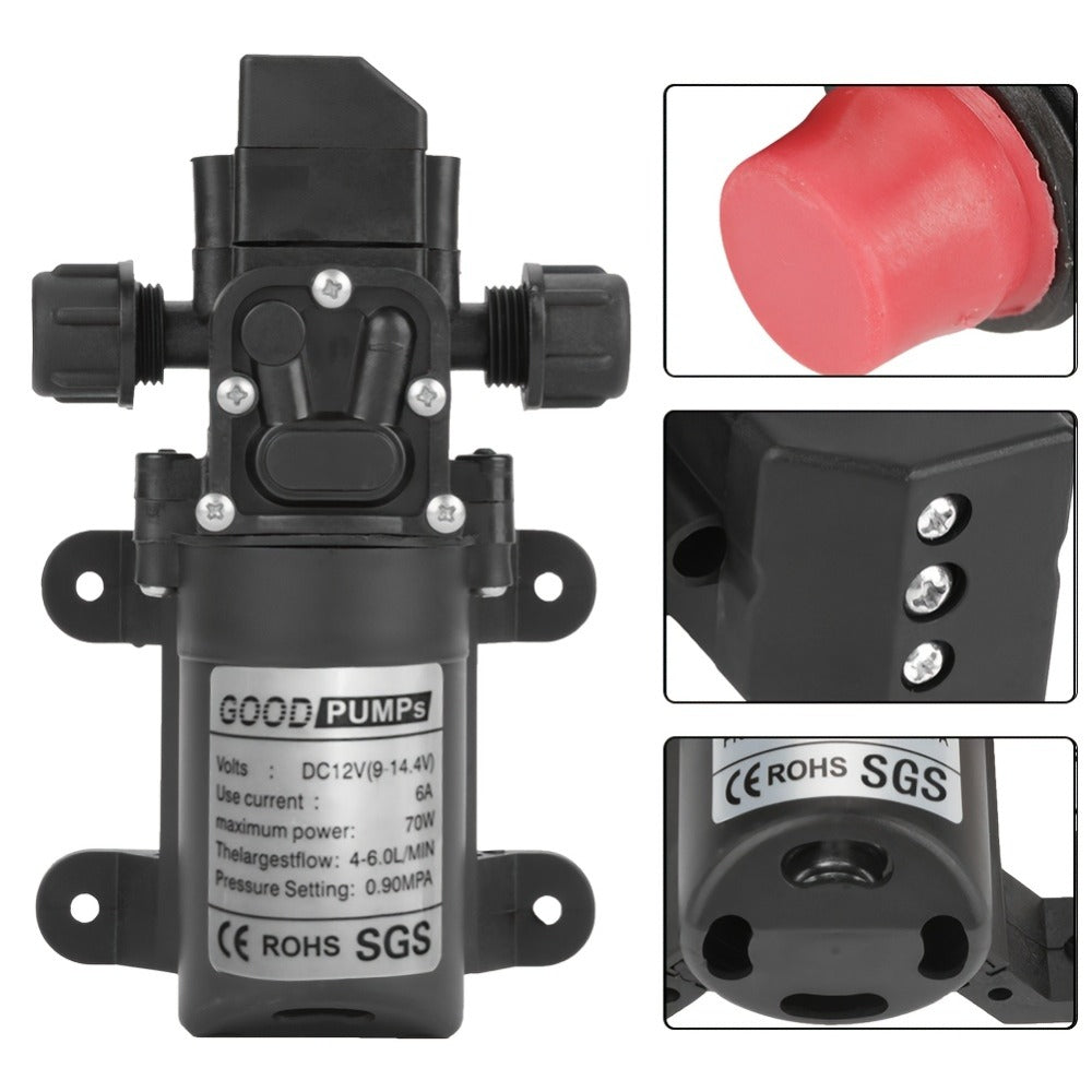 12V DC High Pressure Diaphragm Water Pump 70W Self Priming Pump 6L/Min 0.9MPA Portable for Entryways, Bedrooms and Living Spaces