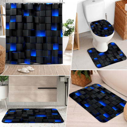 Shower Curtain Set with 12 Hooks & Toilet Seat Cover, 4-Piece Bathroom Set Dark Blue Geometric Abstract Cube Pattern