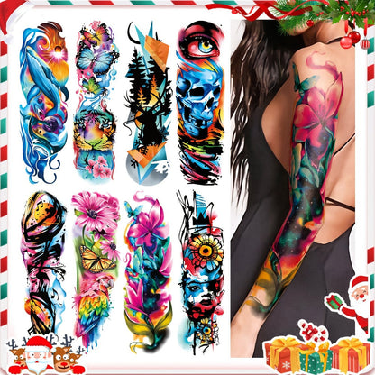 Temporary Tattoos, 46-Sheet Colorful Floral, Geometric, Portrait and Ink-Painting Style Body Art Set