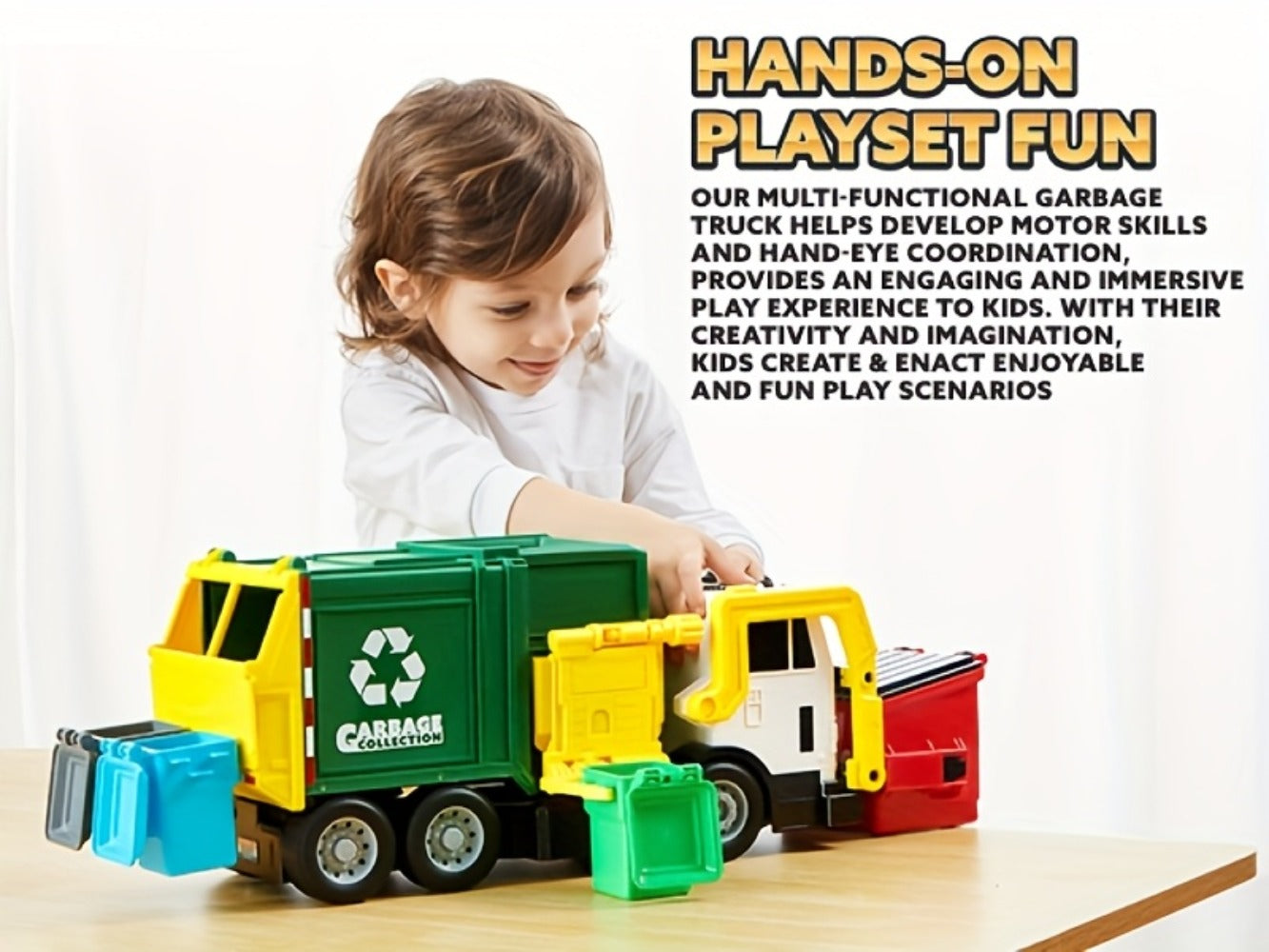Garbage Truck Toy Set 16-Inch Large Friction-Powered with Lights & Sounds, Color-Coded Trash Bins