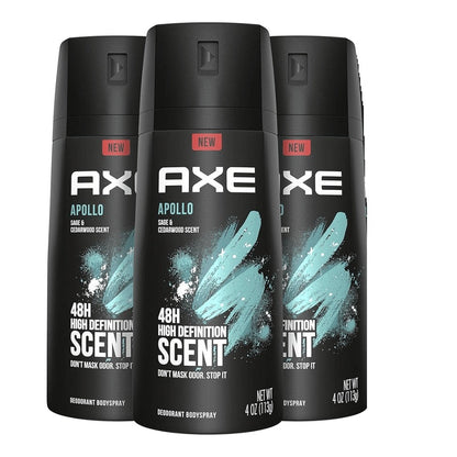 AXE Apollo Body Spray Deodorant Men Aluminum Free Long-Lasting Odor Protection Sage Cedarwood Scent 4oz 3 Count Pack Fresh Masculine