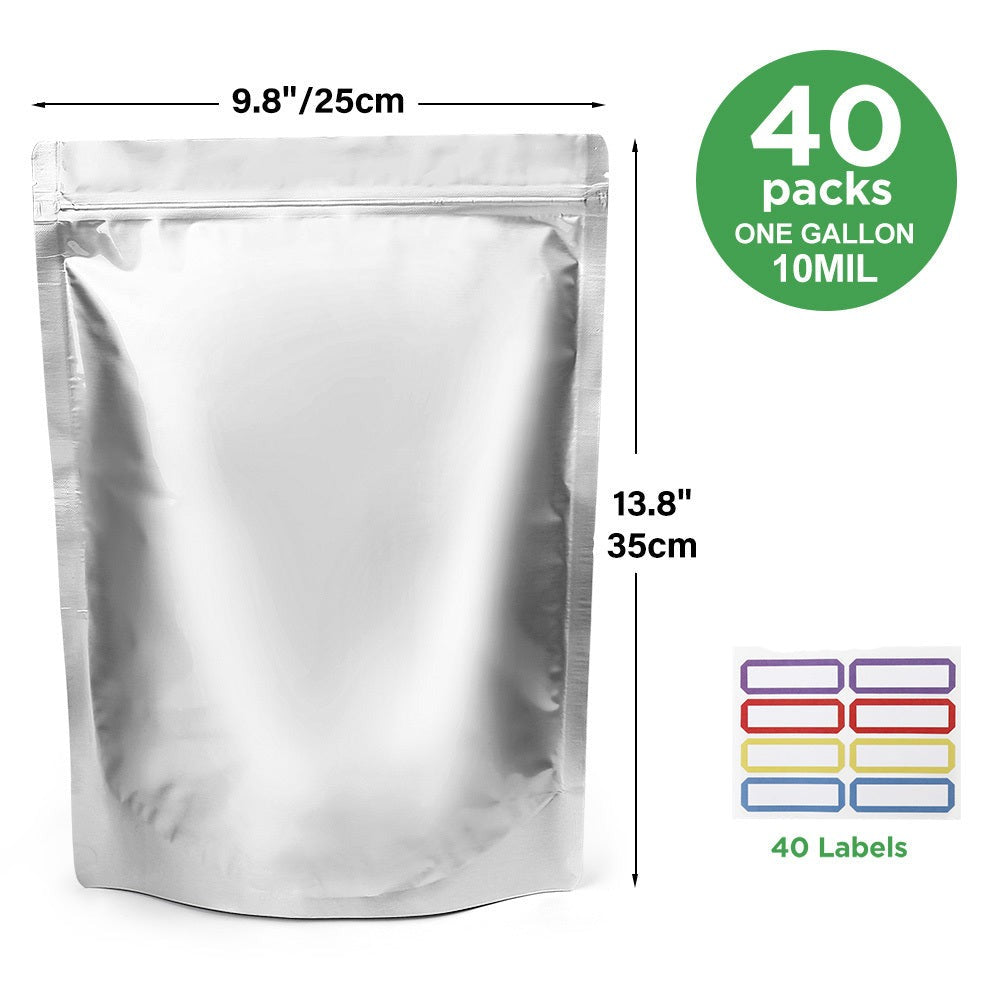 Mylar Bags for Food Storage 1 Gallon 10 Mil Thick, Resealable Zipper & Heat Seal, 40pcs or 100pcs with Label Stickers