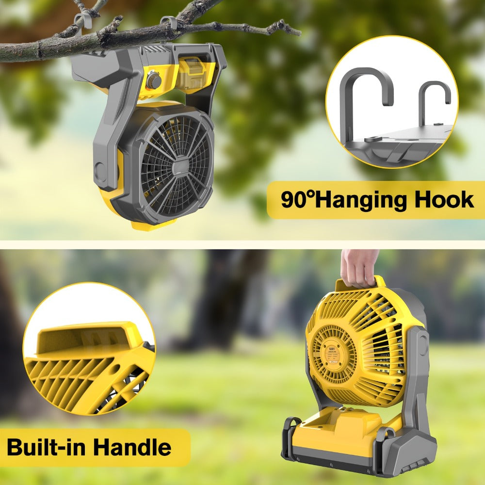 Yellow Cordless Work Fan for Select DeWalt 20V Max Batteries with LED Light, Hanging Hook and Adjustable Tilt, Battery Not Included