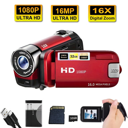 Digital Camera with Flip Screen, Camcorder with 1080P Video, 16MP Capture Marking, 16X Digital Zoom, 270° Flip Screen and 32GB Card