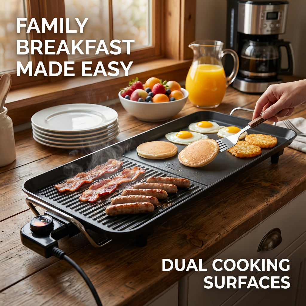Indoor Electric Grill Smokeless, Non-Stick BBQ Griddle with Adjustable Temperature & Drip Tray