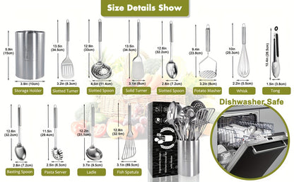 Kitchen Utensils 12-Piece Stainless Steel Set with Countertop Holder and Eleven Cooking Tools