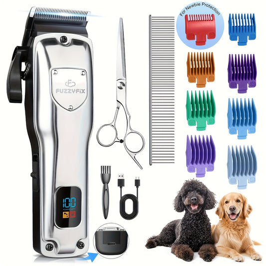 Dog Grooming Clippers Professional Kit – Low Noise Rechargeable Pet Hair Trimmer with Ceramic Blade, 8 Guards, Scissors & Comb for Dogs