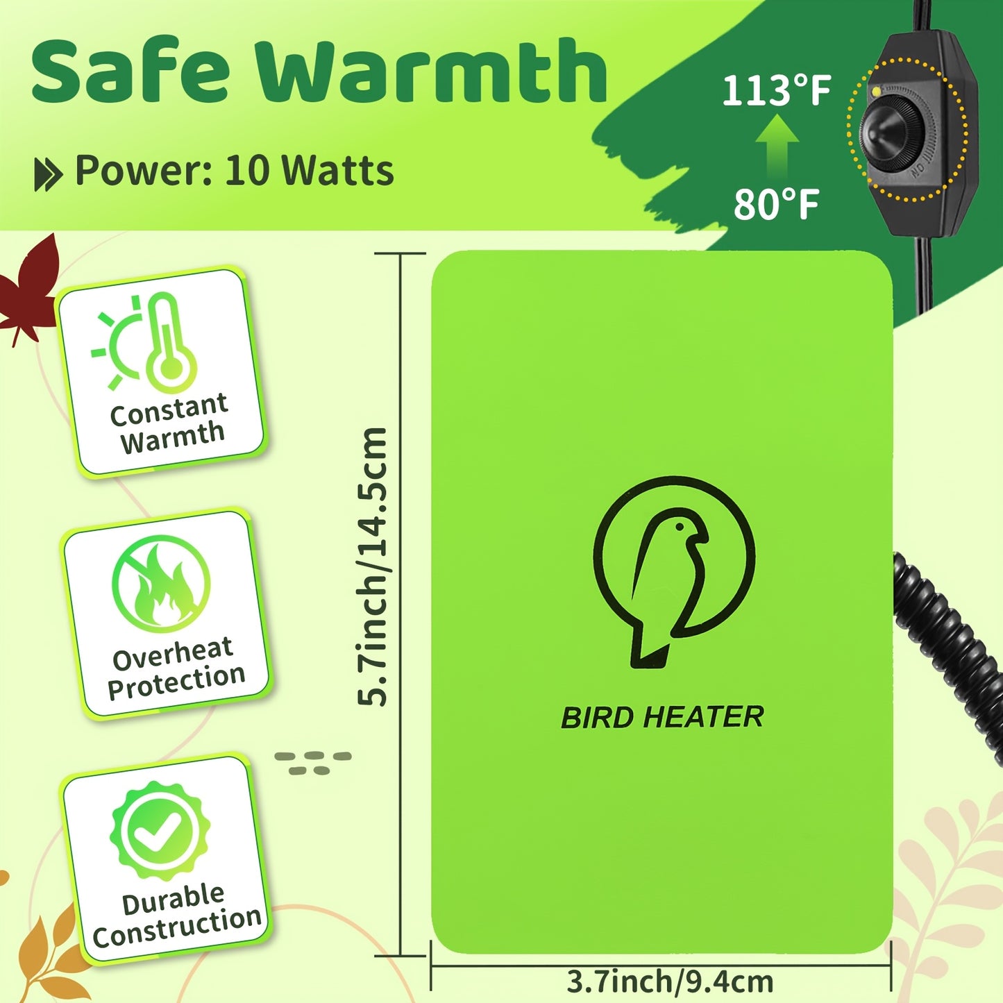 Bird Cage Heater 10W with Rotary Switch & Power LED Indicator – Heating Pad for Parrots, Parakeets, African Grey & Exotic Pet Birds