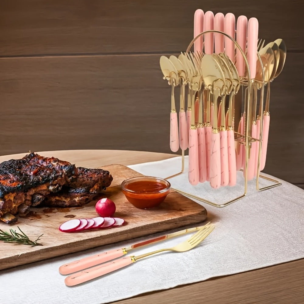 Marble Pattern Cutlery Set 24pcs – Dinner Forks Soup Spoons Teaspoons for Home Hotel Restaurant