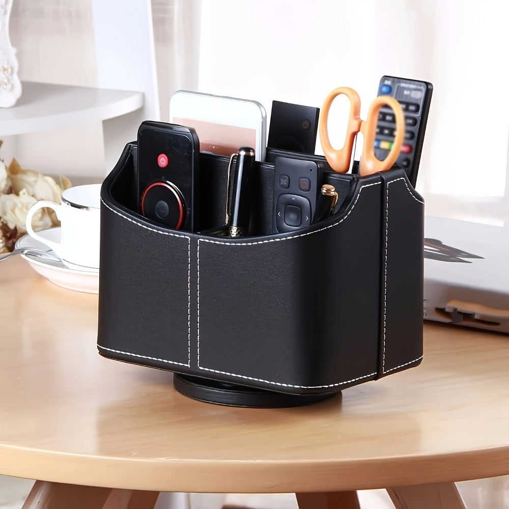 Rotating Faux Leather Remote Control Caddy with Five Compartments, Six Color or Pattern Options and 7.5-Inch Width