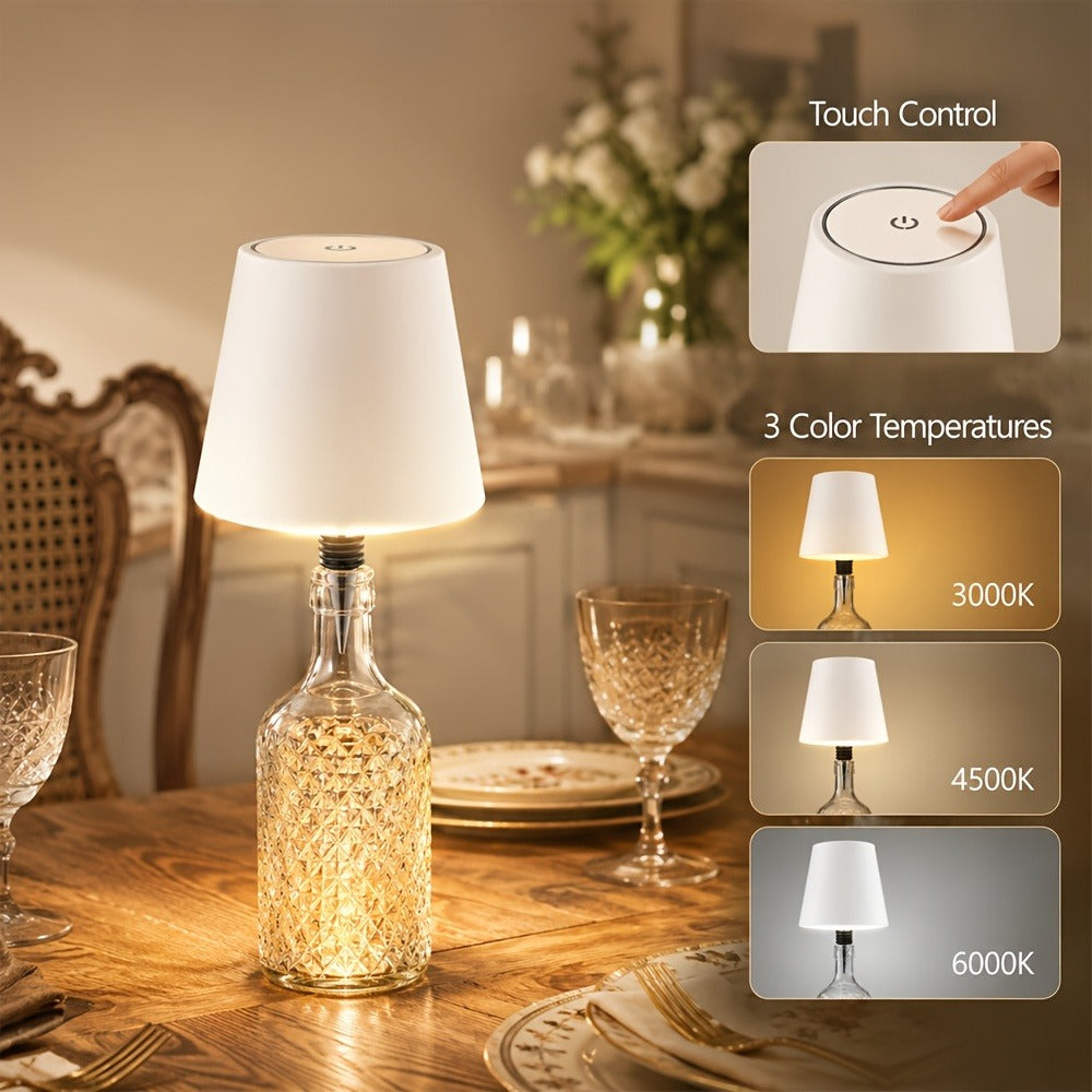 Table Lamp with Rechargeable Bottle-Top LED Shade, Three Color Temperatures, Touch Dimming and Five Options