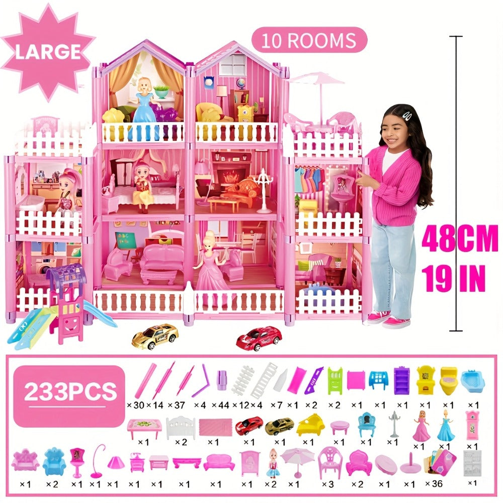 Princess Doll House Castle with Furniture & Accessories, Pink or Blue Mini Villa Playset 14 to 27 Rooms