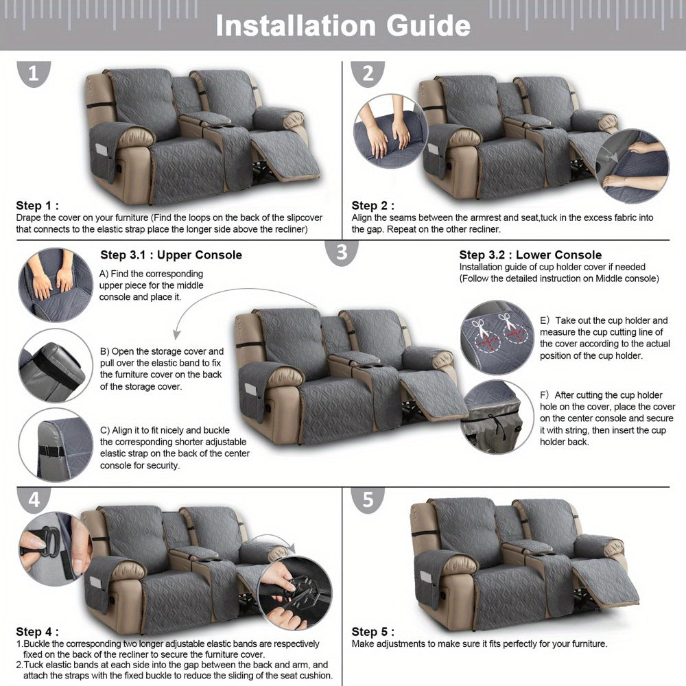 Recliner Loveseat Cover 4 Piece Set Waterproof Split Dual Recliner Sofa Slipcover with Center Console Cover & Straps