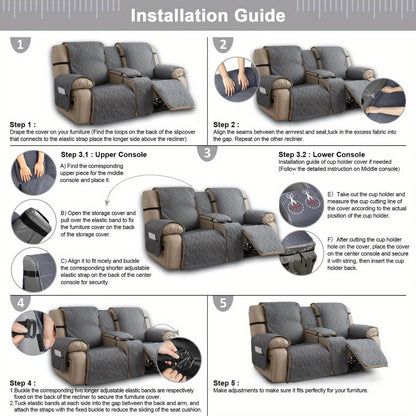 Recliner Loveseat Cover 4 Piece Set Waterproof Split Dual Recliner Sofa Slipcover with Center Console Cover & Straps