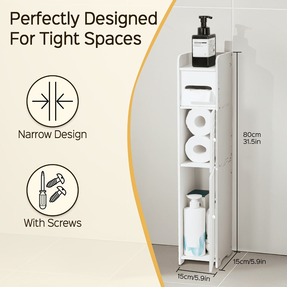 Slim Bathroom Storage Cabinet, PVC Toilet Paper Holder & Organizer for Small Spaces, Easy Assembly