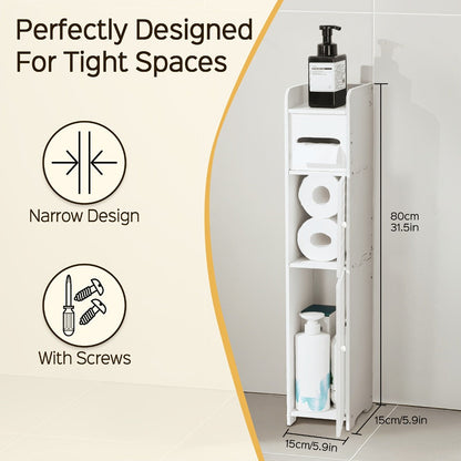 Slim Bathroom Storage Cabinet, PVC Toilet Paper Holder & Organizer for Small Spaces, Easy Assembly
