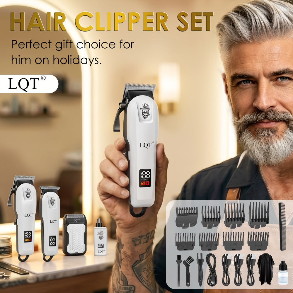 LQT White Hair Clipper Set with Digital Displays, USB Charging and Choice of 2-, 3- or 4-Piece Kits