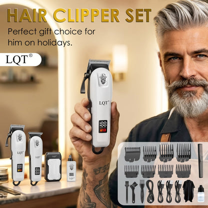 LQT White Hair Clipper Set with Digital Displays, USB Charging and Choice of 2-, 3- or 4-Piece Kits