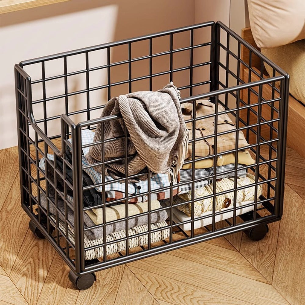 Black Rolling Metal Wire Storage Basket, 44 x 28 x 40cm with Open Front, Open Top and Four Casters