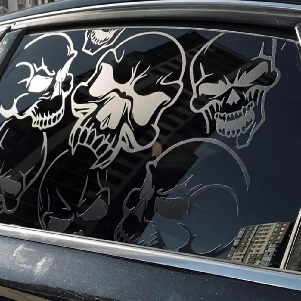Two-Piece Gothic Skull Car Window Decals in Type A, C or D Artwork with Small or Large Sizes