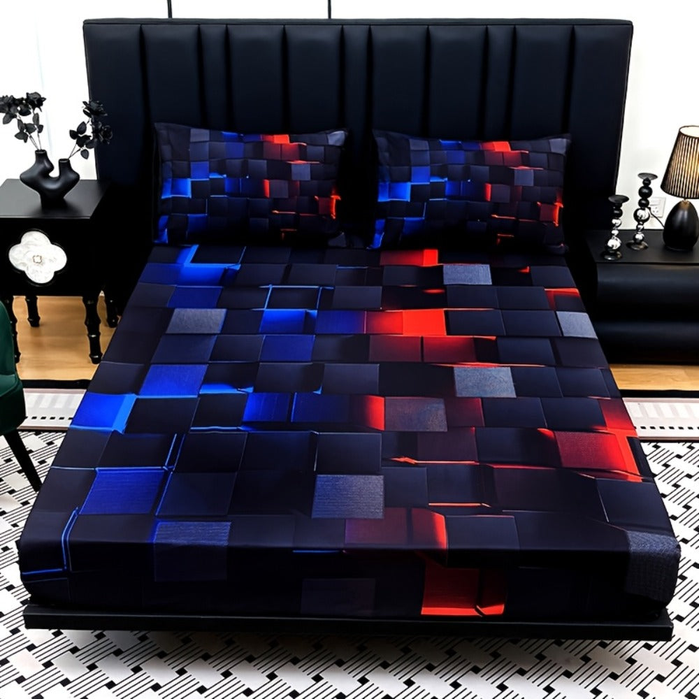 Fitted Sheet Set 3 Piece Digital Print Plaid – Deep Pocket 15 Inch Bed Sheet with 2 Pillowcases, 85% Polyester Soft Breathable Bedding Set