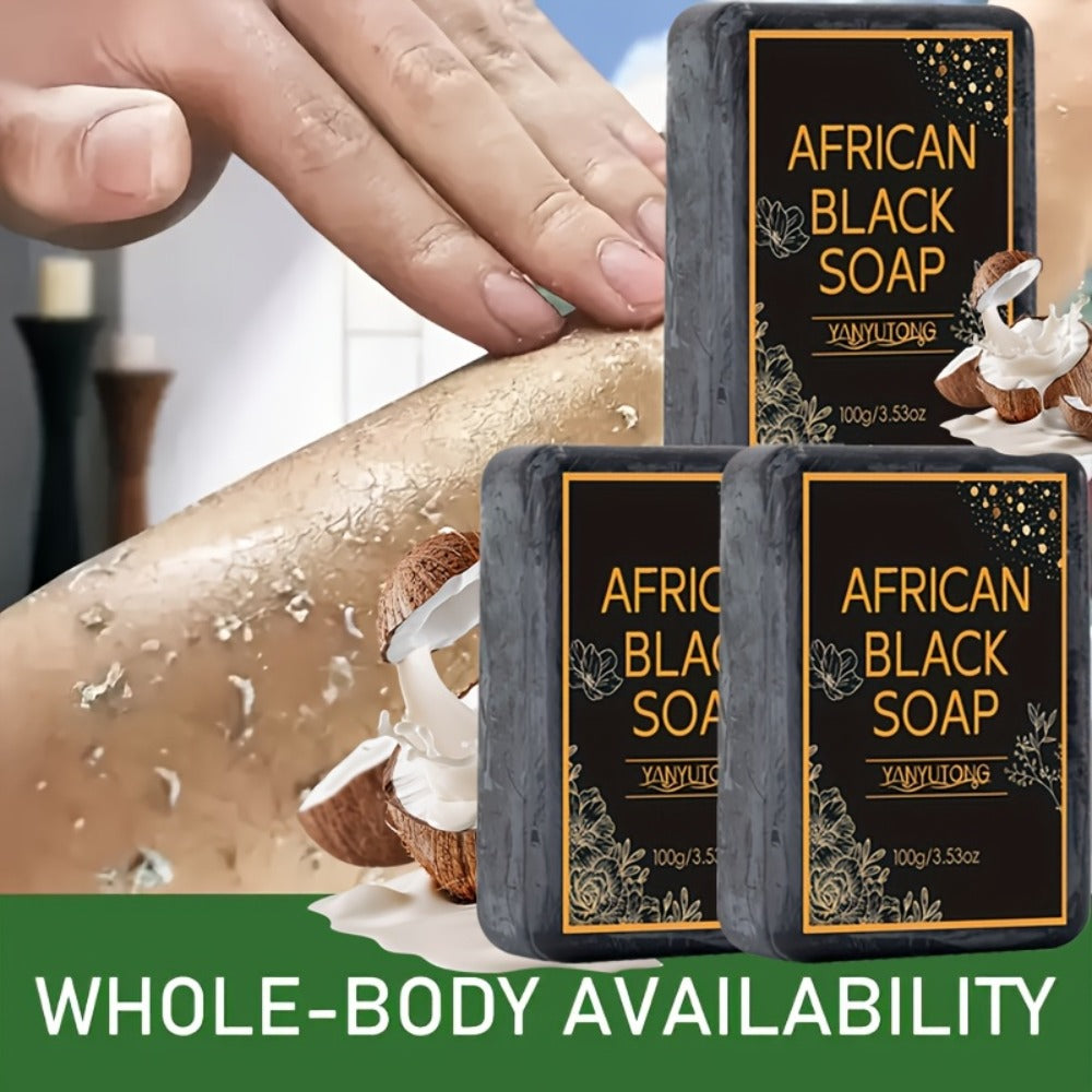 African Black Soap Bar 3-Pack 100g Each with Shea Butter & Coconut Oil – Deep Cleansing Moisturizing Face & Body Wash