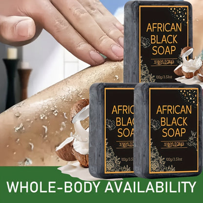 African Black Soap Bar 3-Pack 100g Each with Shea Butter & Coconut Oil – Deep Cleansing Moisturizing Face & Body Wash