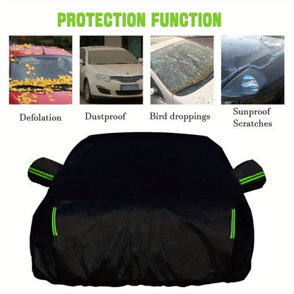 Black Full Car Cover with Green Reflective Tabs, Storage Bag and 5.1 x 2 x 1.5 m Vehicle Fit Size